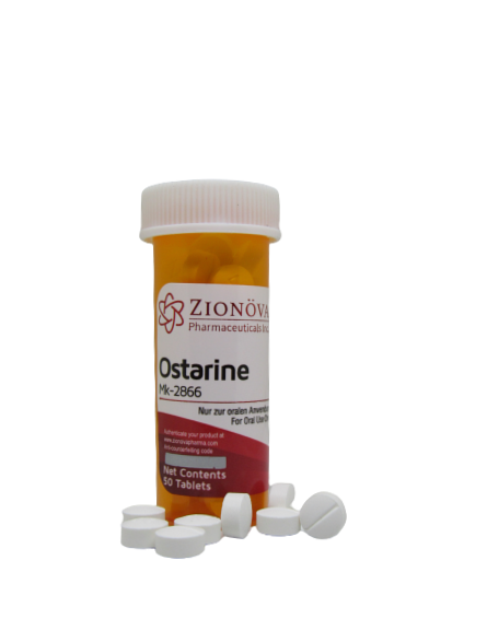 Zionova Ostarine supplement bottle for muscle growth and recovery.