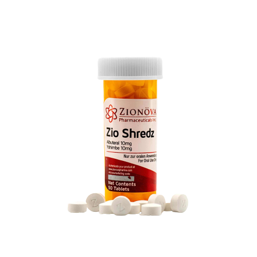 Zionova Zio Shredz blend featuring Albuterol and Yohimbine in a product image.