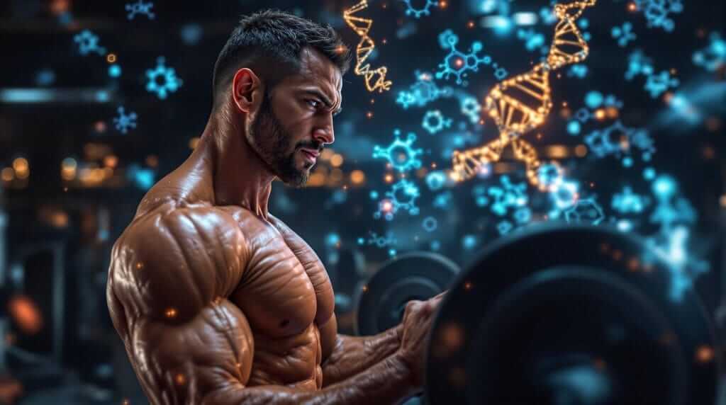 An athlete with enhanced muscles, surrounded by DNA strands and energy waves in a modern gym.