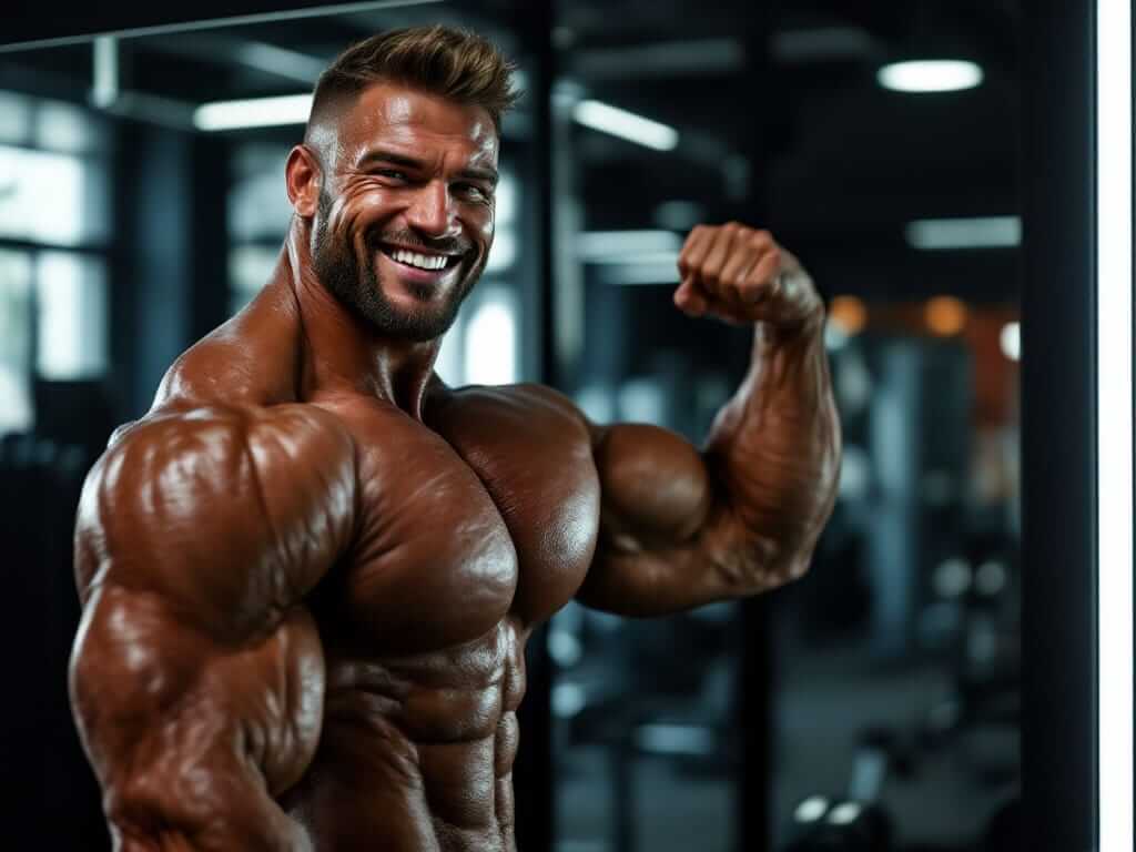 Muscular male bodybuilder smiling and flexing confidently in front of a gym mirror in a modern gym setting.