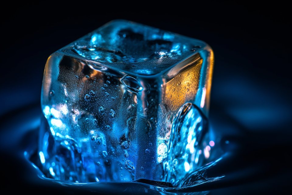 Single ice cube lit in blue
