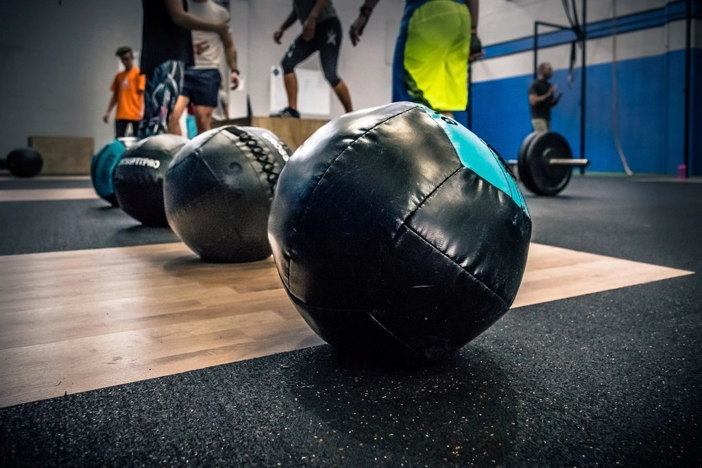 Medicine balls lined up on a gym floor