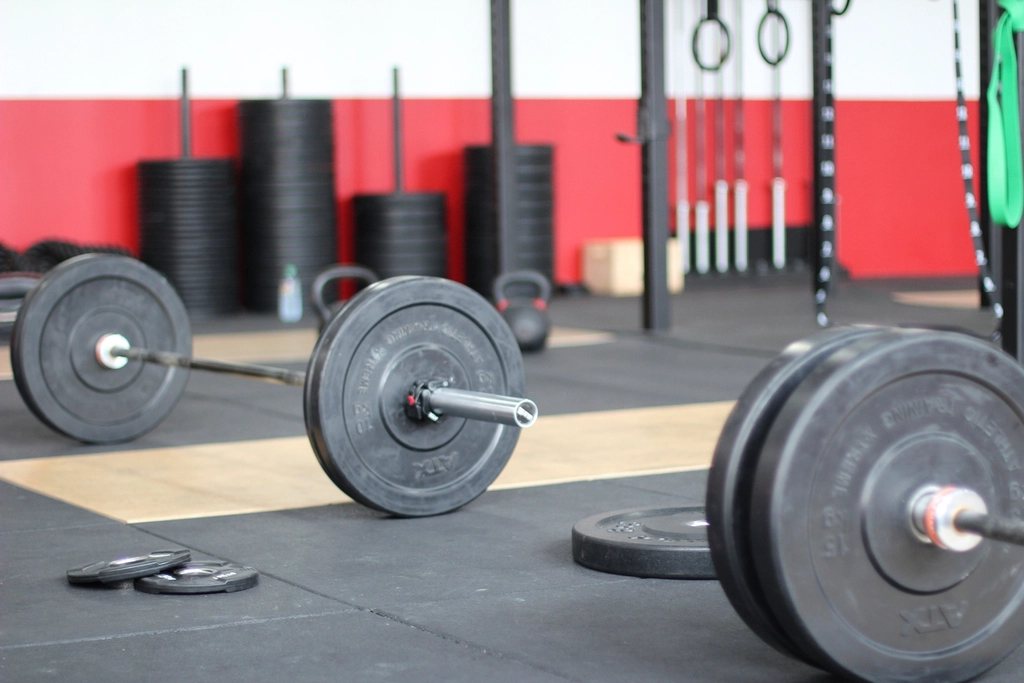 Barbell and weight plates lined up on a gym floor