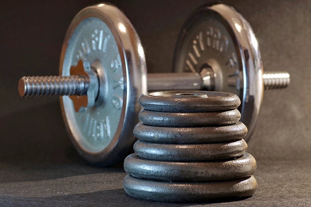 Black dumbbells and weight plates on a gym floor